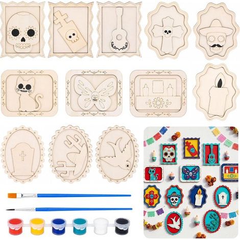 12 cadres photo en bois à peindre soi-même, décorés de crânes pour Halloween - 10 x 8 cm - Décoration murale - Pour enfants et adultes (1/5)