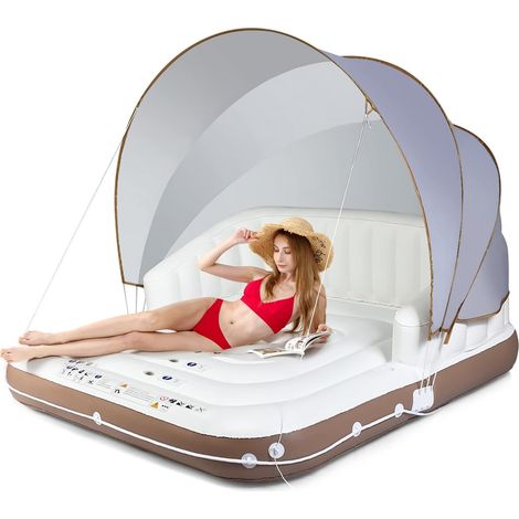 COSTWAY Isla Hinchable con Toldo para 2 Adultos, Toldo Retráctil y Removible, 2 Portavasos, Flotador de Piscina Interior y Exterior con Protección UPF50+, Soporta hasta 200 kg (1/5)