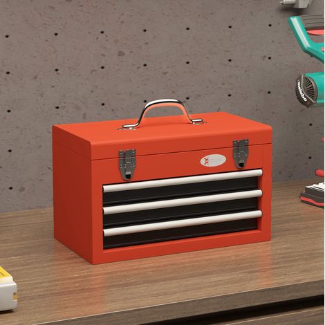 Coffre à outils vide en acier rouge, 3 tiroirs, grand compartiment supérieur, poignée de transport et 2 verrous, 45 x 24 x 27 cm pour atelier  CHICFURN (1/5)