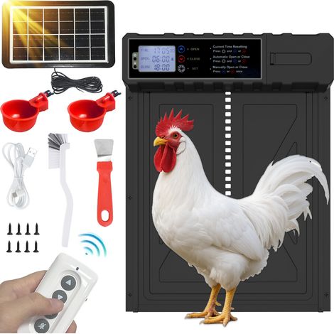 Dewinner – Porte poulailler automatique solaire – Écran LCD programmable – Batterie 2000 mAh – Installation rapide 10 min – Télécommande 15m