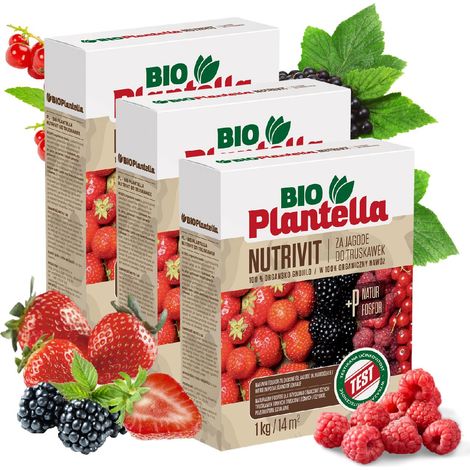 BIO PLANTELLA Ökologischer Dünger für Erdbeeren, Himbeeren, Brombeeren und Johannisbeeren, 1 kg x 3