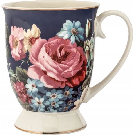 Elegante taza de porcelana azul marino con rosas en la base, 320 ml, 1 unidad, Rosa (1/3)