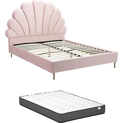 Vente-Unique – Lit coquillage 140 x 190 cm – Velours rose avec matelas classique – Structure en contreplaqué – Charge max 220 kg (1/5)