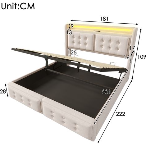 Lit rembourré 180x200 LED USB C hydraulique sommier lattes bois cadre métal 300 kg beige coton sans matelas (1/5)