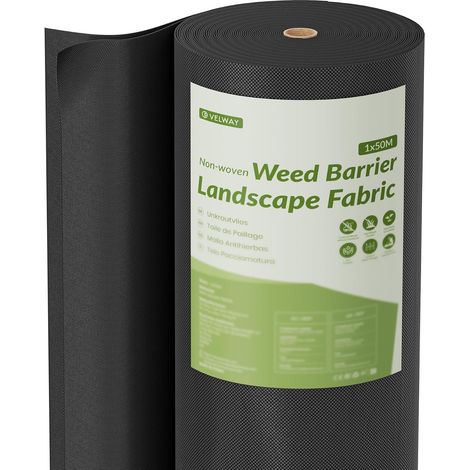 Velway Toile de Paillage Non-Tissé 1x50m 50g/m2 - Grand Rouleau Géotextile Anti-Mauvaises Herbes - Noir (1/5)