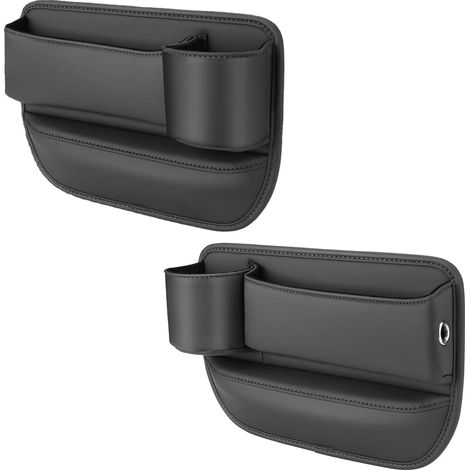 Confezione da 2 contenitori portaoggetti da posizionare nello spazio tra i sedili dell'auto - Organizer effetto pelle con portabicchieri - Regolabile per telefono, chiavi e accessori - Nero (1/5)