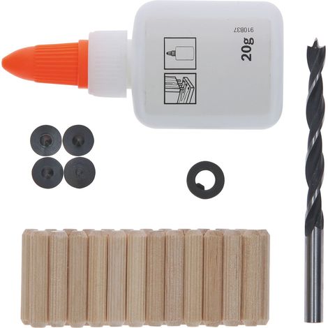 BOSCH espigas madera surtido + accesorios 000449 blister 32 , Surtido de espigas de madera + Accesorios. - Tamaño: 6/8/10 mm. - Blister de 32 unidades. (1/3)
