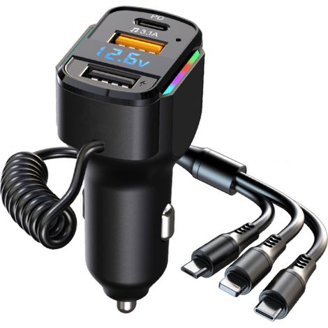 Cargador de coche USB C, 5 puertos PD3.0 y QC3.0, cargador de coche superrápido, conector USB C con cable USB de 1,2 m, cargador de coche USB C con voltímetro LED (1/5)