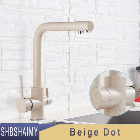 Robinet de cuisine à filtre (Beige Dot) chromé, eau potable pure, montage sur plage, double poignée, mitigeur 3 voies (chaud/froid). (1/5)