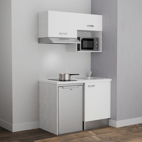 Kitchenette K02L-PT - 120 cm avec plan de travail et évier - Façade Blanc - Plan Blanc - Crédences Non