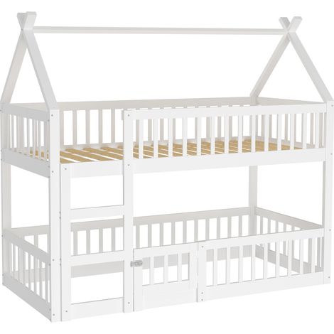 Lit superposé enfant 90 x 200 cm avec escalier, blanc, cadre en bois (1/5)