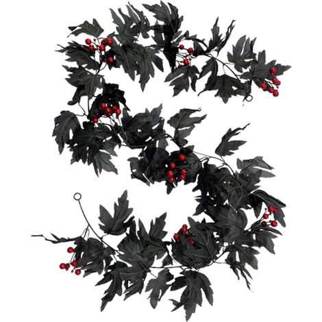 Guirlande artificielle de feuilles d'érable : décoration d'Halloween pour la maison/suspension murale — feuilles d'érable noires avec baies (style à 36 branches, longueur totale env. 175 cm) (1/5)