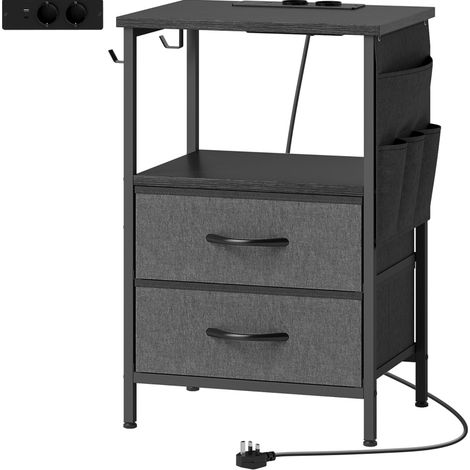 Table d'appoint avec station de charge, 2 prises AC, USB-A/USB-C, 2 tiroirs en tissu, rangement ouvert et crochets, métal et bois, 40 x 30 x 60 cm  CHICFURN (1/5)