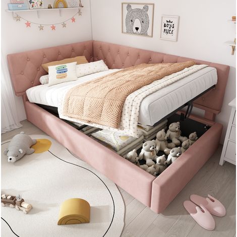 Cama de día 90/190 cm rosa de terciopelo con arcón hidráulico (1/5)