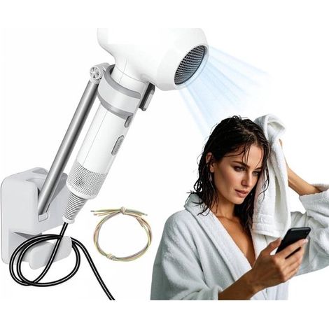 Soporte para secador de pelo - Base para secador de pelo - Secado manos libres - Ajustable a 60 grados - 27,5 cm - Blanco (1/5)