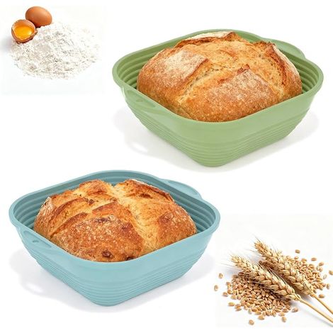 Paniers de Fermentation, Corbeille à Pain Carrée en Silicone, Conception Pliable, Accessoires de Boulangerie Pour la Fermentation du Pain et de la Pâte (Bleu, Vert) (1/5)