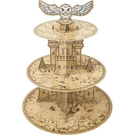 Présentoir à cupcakes magique à 3 étages, tour à desserts en carton sur le thème du hibou et du château, présentoir à cupcakes style carte vintage pour école de sorciers (1/5)