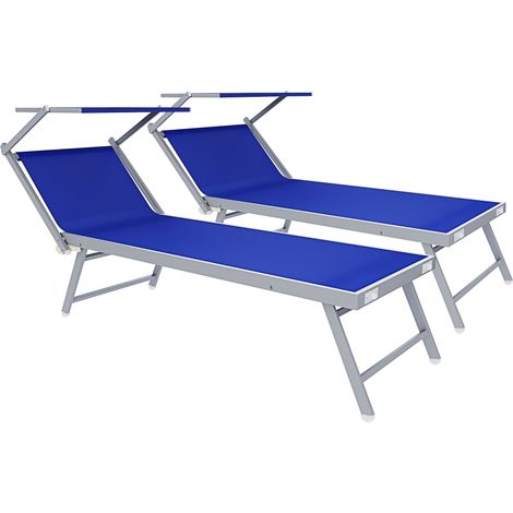 Coppia Di Lettini Blu Prendisole Pieghevole Professionale In Alluminio Tettuccio Orientabile Tettino Parasole Sdraio Lettino Prendi Sole Mare Spiaggia Piscina Giardino 182 x 60 x 38 cm