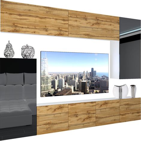 BELINI Wohnwand Vollausstattung Wohnzimmer-Set Moderne Schrankwand mit LED-Beleuchtung Anbauwand TV-Schrank Wotan Eiche/Schwarz