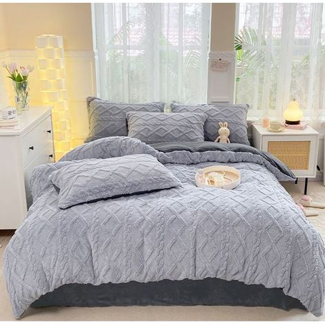 Housse de Couette Flanelle 220x240 cm,Parure de Lit en Polaire Chaud Hiver, Comprend un drap et 2 taies d'oreiller, Gris (1/5)