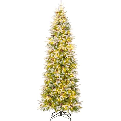COSTWAY Albero di Natale Slim Pre-Luminoso 225 CM, Albero di Natale Artificiale Innevato con 350 Luci LED Bianche Calde, Rami Articolati e 913 Punte e 75 Pigne (225 CM) (1/5)