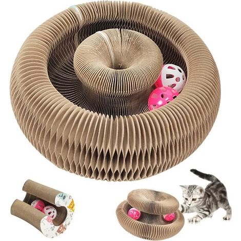 Griffoir chat carton ondulé – Piste balle cloche, pliable – Lit à chat – Magic Organ (1/4)
