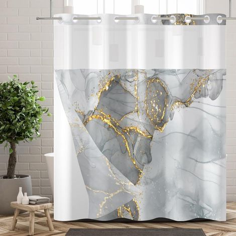 Rideau de Douche décoratif Double Couche Effet marbre Gris et Or, sans Crochets, avec Doublure à Pression, imperméable et fenêtre Transparente sur Le Dessus, 180x188cm (1/5)