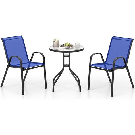 Ensemble de Jardin 3 Pièces, 2 Fauteuils Ergonomiques avec Table Basse en Verre Trempé, pour Jardin, Balcon, Terrasse, Cour, Bleu (1/5)