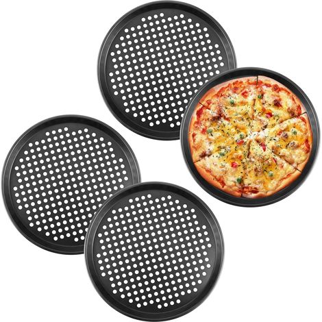 4 Pièces Plaque Pizza Four, 32 cm Plaque Pizza Antiadhésifs, Plat Pizza Four Ronde, Plaques à Pizza en Acier Carbone (1/5)