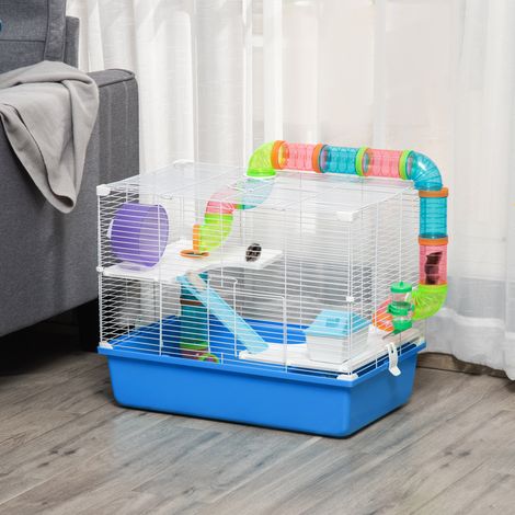 Bleu et blanc - Cage à hamster 3 niveaux, maison à hamster avec tubes, cassette, réservoir d’eau et roue à hamster, 59x36x47 cm