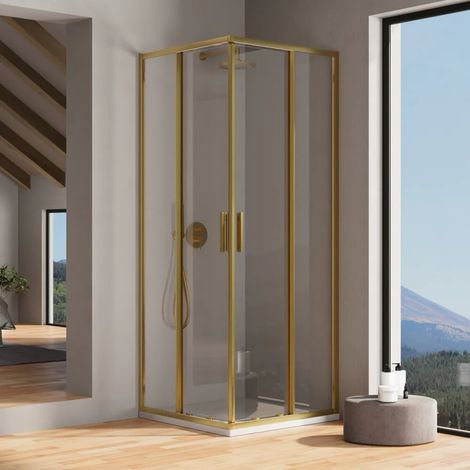 Cabine de douche d angle 70 x 70 cm avec profilés dorés brossés verre fin de 6 mm transparent et anti calcaire h 190 Portofino (1/4)