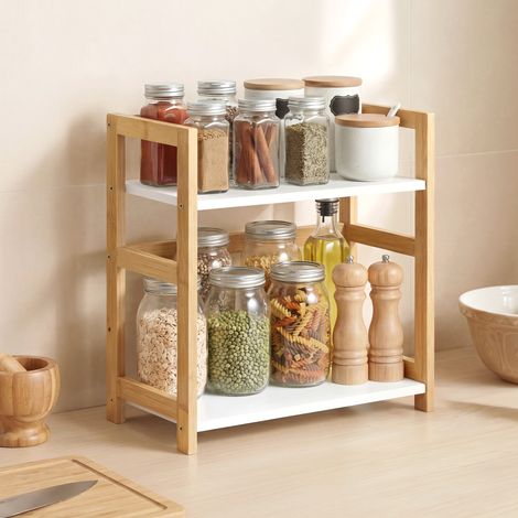 Étagère à épices à 2 niveaux, organiseur de cuisine en bambou, pour bureau et salle à manger, blanc (1/5)