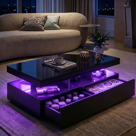 Tavolino fisso – Base laccata nera – Tavolino a LED con 2 ampi cassetti e un vano portaoggetti – Ampio spazio di archiviazione (1/5)
