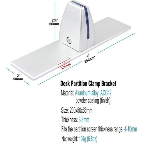 Lot de 4 clips de fixation en forme de T pour étagère de bureau, protection anti-éclaboussures en alliage d'aluminium avec base, adaptés aux étagères en acrylique ou en plexiglas de 4 à 10 mm, argenté (1/5)