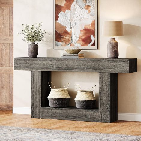 Tribesigns Table console de 160 cm de long à 2 niveaux - Table d’entrée avec rangement - Table de canapé en bois de style ferme pour salon, couloir, gris rustique (1/5)