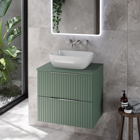 Helix 460 Fluted Satin Green 600mm Wall Mounted 2 Drawer Vanity Unit for Countertop Basins