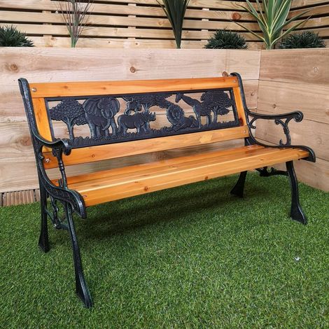 Kids 2 Seater Wooden & Cast Iron Garden Patio Childrens Bench with Animal Design (1/5)