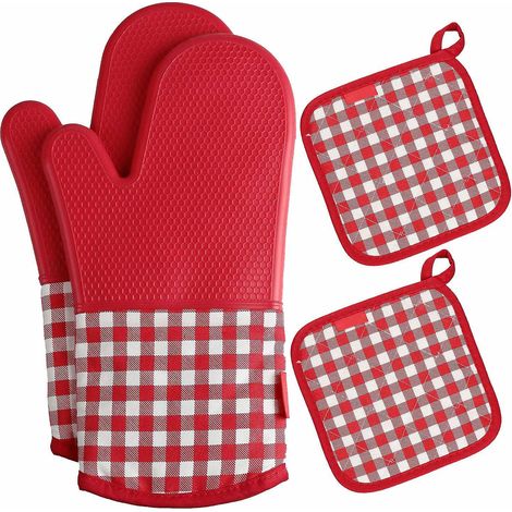 Hitzebeständige, rutschfeste Silikon-Ofenhandschuhe + 2 Topfgriffe aus Baumwolle zum Kochen, B-Rot (1/5)