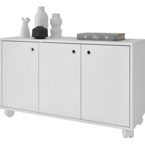 Beaux Meubles Pas Chers – Buffet meuble de rangement blanc 3 portes sur roulettes – Bois certifié FSC – Dimensions 90x53.5x33 cm – Meuble d'entrée multifonction