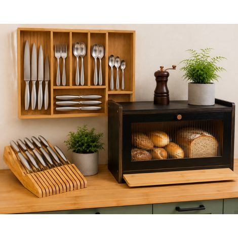 Bamboo Kitchen Organizer Set (3-Piece) – Adjustable Cutlery Tray, Knife Block & Bread Bin with Cutting Board