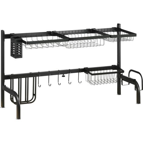 Escurridor de platos de 2 niveles de acero negro extensible de 51 a 93 cm con ganchos y bandeja (1/5)