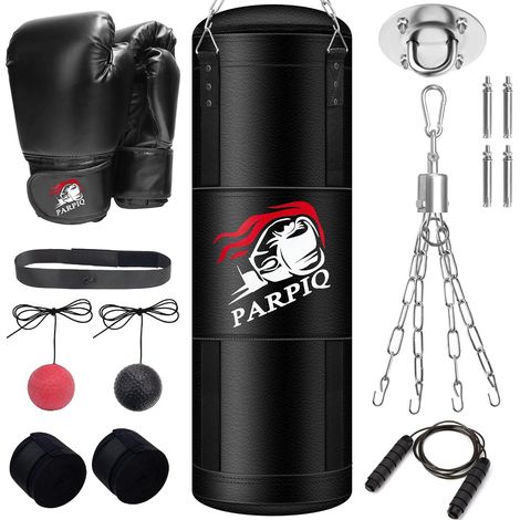 Sac de Frappe Suspendu en Simili Cuir PU 120 cm Fourni avec Gants de Boxe, Bandages de Boxe, Corde à Sauter et Balle de réaction Idéal pour MMA, Kick-Boxing et Muay thaï (1/5)