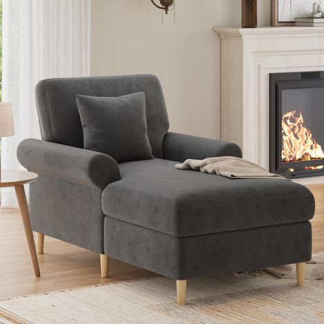 Fauteuil relax en velours gris 133x87x90 cm, 1 place avec fonction allongée et coussin amovible (1/5)