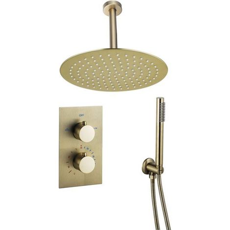 FugaFlow Eccelente Sobrado ensemble de douche pluie encastré bras de plafond thermostatique 20cm avec barre de douche 25cm douche à main laiton brossé (1/4)