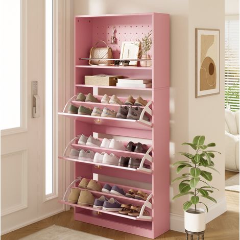 Mobile scarpiera 80x24x178.5 cm, con scomparti ribaltabili, vano aperto, maniglia decorativa, truciolato, rosa (1/5)