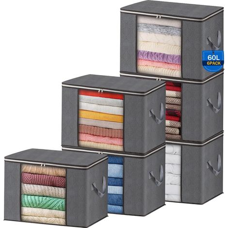 AIOR 6Pcs 60L Sac de Rangement Vetement Pliable avec FenêTre Transparente, Non-tissé Grande Boite Rangement Vetement pour Couettes, Couvertures Jouets VêTements, 55x35x32cm (1/5)