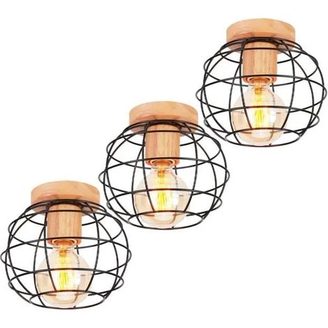 U-Do 3Pcs Plafonnier Rétro Industriel Lampe de Plafonde en Bois Métal Noir design Simple décoration Cuisine Couloir Salon (1/4)