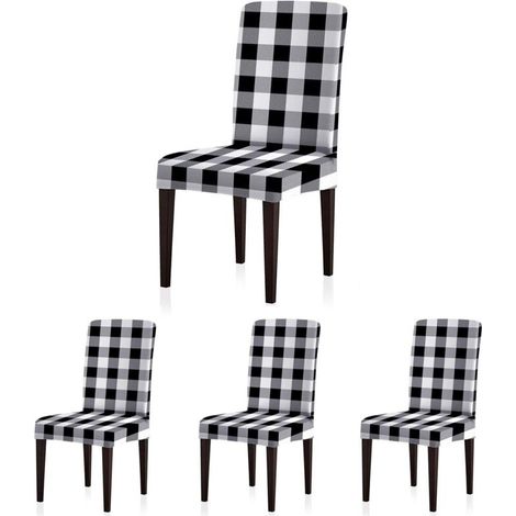 Housses de chaise en élasthanne à carreaux Buffalo amovibles et élastiques pour salle à manger, restaurant, hôtel, banquet, cérémonie, lot de 4, carreaux noir/blanc (1/4)