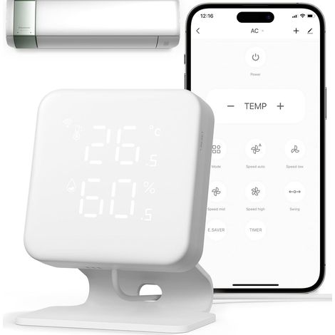 Contrôleur intelligent sans fil pour climatiseur – Thermostat WiFi avec capteur thermohygromètre – Programmation 7 jours – Compatible Alexa et Google – Woox