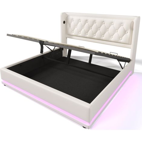 Letto matrimoniale capitonné 160x200 cm bianco in PU con contenitore, USB Type-C e LED 3 lati (1/5)